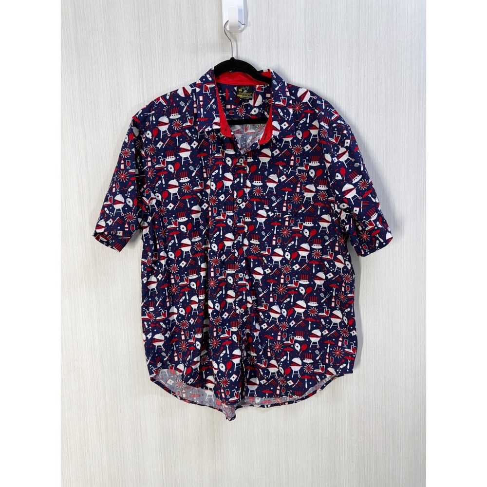 Staghorn River Mens XXL BBQ 4th of July Button Down Shirt Navy Red Cotton